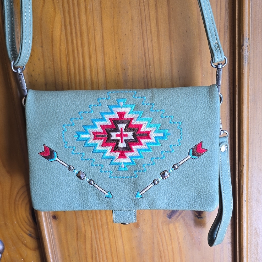 Aztec Embroidered Crossbody Leather Bag - Teal